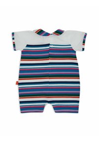 Romper a righe con maniche corte, colletto bianco e una combinazione di colori vivaci tra cui blu, rosso e verde. Chiusura con bottoni sul retro.