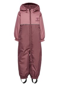 Roze isoleerde kindersneeuwpak met een ritssluiting aan de voorkant, elastische manchetten en voetbandjes. Heeft een logo op de borst en een contrasterend schouderpaneel.