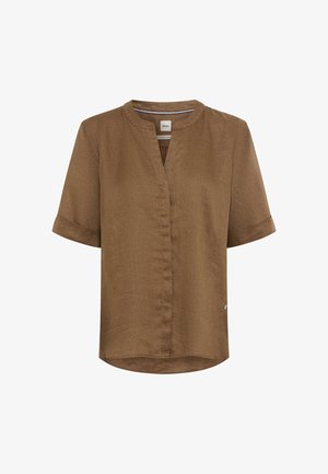 Brun hørbluse med korte ærmer, mandarinkrave, skjult knaplukning og let afrundet kant.