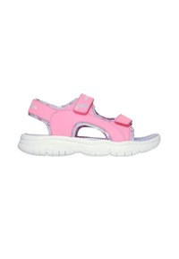 Infradito sportivi rosa con cinturini regolabili in Velcro, lati traforati e suola in gomma bianca. Design leggero con una soletta testurizzata.