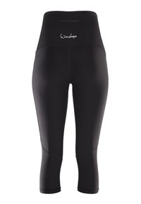 Black capri leggings with a high waistband, featuring a small zippered pocket at the back and a smooth, stretchy texture. Brand label visible.
