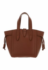 Brun læder tote taske med en struktureret design, top hænder og sidelommer med snøringer. Glat tekstur med en subtil kornfinish.
