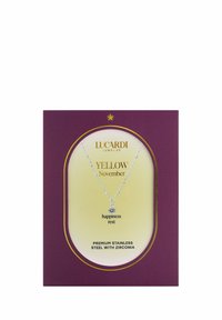 Roestvrijstalen ketting met een ronde zirconia hanger, gepresenteerd op een gele en paarse kaart met de tekst "geluk rust".
