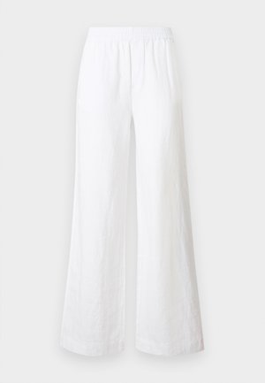 Pantalon blanc à jambe large avec taille élastique, réalisé en tissu en lin, présenté sur un fond gris clair.