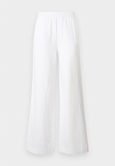 Pantalon blanc à jambe large avec taille élastique, réalisé en tissu en lin, présenté sur un fond gris clair.