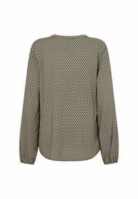 Langärmlige Bluse mit schwarz-beigem geometrischem Muster, elastischen Bündchen und abgerundetem Saum, von hinten auf einem weißen Hintergrund gezeigt.