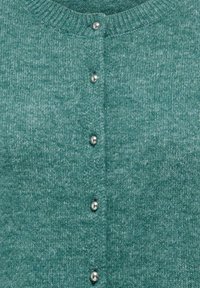 Green knitted cardigan featuring a round neckline, six silver buttons down the front, and a textured fabric design.