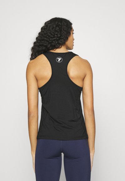 Black athletic tank top with racerback design, made from lightweight fabric. Features a circular logo at the back neckline.