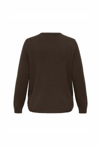 Pull en tricot marron à manches longues avec des poignets côtelés et un col rond, présenté de dos sur fond blanc.