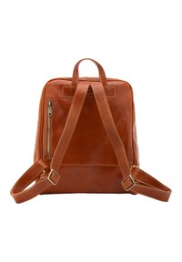 Sac à dos en cuir marron avec une texture lisse, doté de deux bretelles, d'une poignée supérieure et d'une poche zippée sur le côté. Design rectangulaire simple.