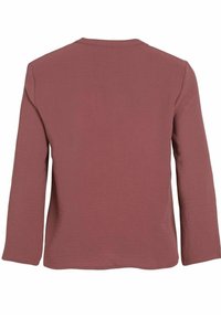 Chemise à manches longues couleur rose poussière, présentant une coupe décontractée, un col rond et un tissu doux et texturé. Aucun motif ou accent visible.
