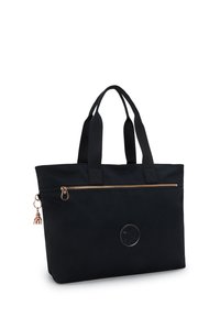 Borsa a tracolla nera con doppi manici, tasca frontale con zip, logo circolare e piccolo portachiavi a forma di scimmia in metallo sul cursore della zip.