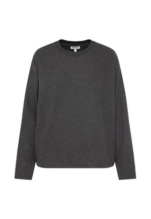 Dunkelgrauer Pullover mit langen Ärmeln, rundem Ausschnitt, geripptem Kragen und legerer Passform. Weicherstoff mit gleichmäßiger Textur.