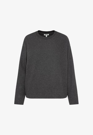 Dark gray pullover sweater with long sleeves, round neckline, ribbed collar, and a relaxed fit. Soft fabric with even texture.