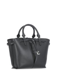 Borsa tote in pelle nera con finitura testurizzata, dotata di due manici robusti, chiusura con zip e accessori in metallo corrosione.