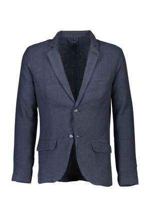 Blazer blu scuro realizzato in tessuto strutturato con colletto a punte, due tasche frontali e due bottoni. Design slim fit con spalle strutturate.