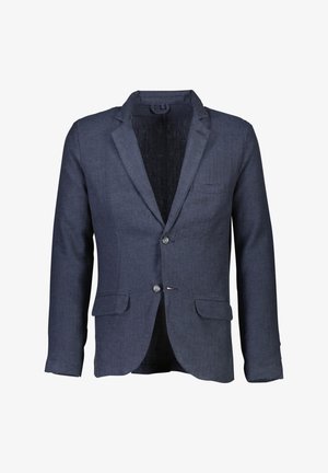 Blazer blu scuro realizzato in tessuto strutturato con colletto a punte, due tasche frontali e due bottoni. Design slim fit con spalle strutturate.