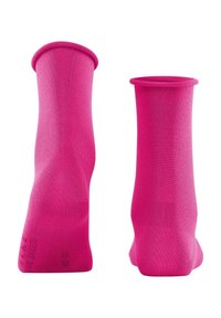 Calzini rosa brillante realizzati in tessuto liscio con una fascia a costine. Presentano un design senza cuciture e una silhouette aderente. Nessun motivo o accento visibile.