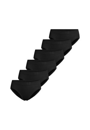 Six black brief-style underwear pieces arranged in a diagonal line on a white background.