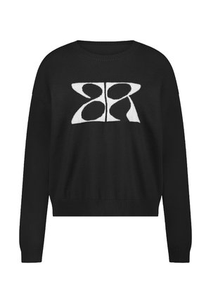 Pull en maille noire avec un col rond et des manches longues. Présente un design graphique blanc prononcé sur le devant. Ourlets et poignets côtelés.