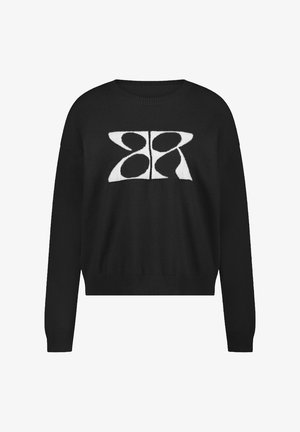 Pull en maille noire avec un col rond et des manches longues. Présente un design graphique blanc prononcé sur le devant. Ourlets et poignets côtelés.