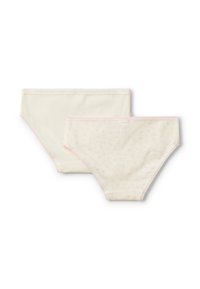 Due paia di biancheria intima femminile in tessuto crema. Un paio ha un design uniforme, mentre l'altro presenta un delicato motivo floreale rosa.