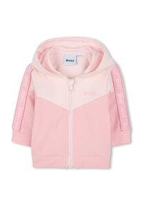 Pink zip-up hoodie with a two-tone design, featuring a hood, short sleeves, and logo accents on the shoulders and left chest area.