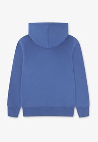 Μπλε βαμβακερή κούπα με ευρύχωρη κουκούλα, ριμπ μανσέτες και στρίφωμα, καθώς και απαλό υλικό. Το πίσω μέρος διαθέτει μια λεία, αδιάκοπη σχεδίαση.