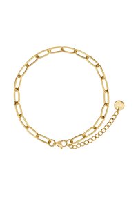 Bracciale a catena color oro con segmenti allungati e collegati, dotato di chiusura a moschettone e catena regolabile con un accentuato tag rotondo.