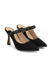 Zwarte suède slingback-hakken met een spitse neus en een decoratieve strap met zwarte edelstenen. Heeft een slanke, uitlopende hak. Gladde binnenvoering.