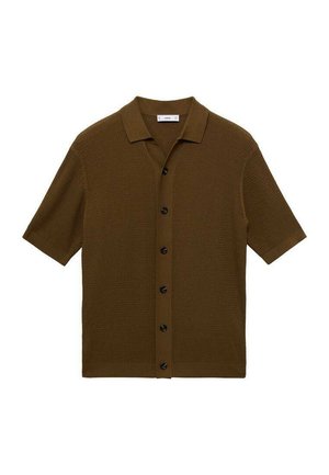 Brown short-sleeve shirt with a woven texture, button-up front, and a collar. Features six black buttons and a straight hem.