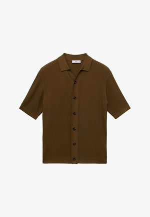 Brown short-sleeve shirt with a woven texture, button-up front, and a collar. Features six black buttons and a straight hem.