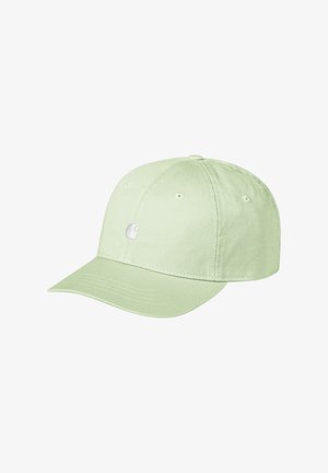 Gorra de béisbol verde claro con visera curva y pequeño logo blanco bordado en el panel frontal sobre un fondo blanco.