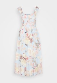 Kukkakuvioinen midi-mekko vaaleansinisen taustan kanssa, rypytetty olkaimet, nelikulmainen pääntie ja tiukka vartalo-osa, jossa on suuria pastellivärisiä kukkia ja lehtiä.