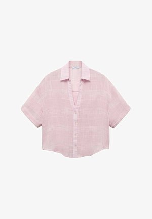 Bledoružová košeľa s krátkym rukávom a golierom, s v-výstrihom a jemným textúrovaným vzorom. Zapínanie na gombíky vpredu.