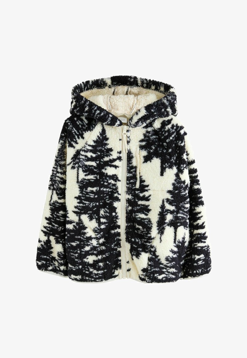 Veste en polaire à capuche avec un motif d'arbre noir sur fond blanc cassé ; elle possède une fermeture éclair à l'avant et un tissu texturé et moelleux.
