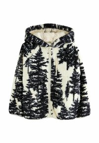 Kapuzenfleecejacke mit schwarzem Baumdruck auf off-weißem Hintergrund; verfügt über einen Frontreißverschluss und einen strukturierten, plüschigen Stoff.