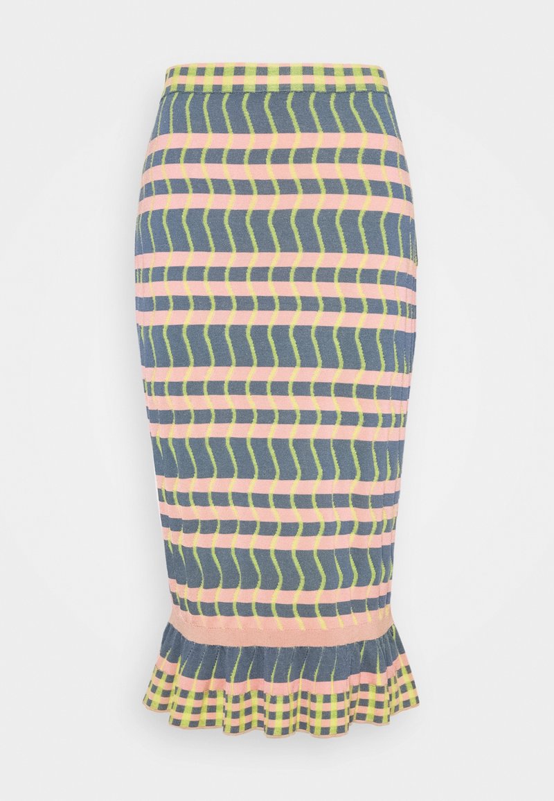 Gebreide kokerrok met een gestreept patroon in tinten blauw, roze en groen, met een gerimpelde zoom en een contrasterende tailleband.