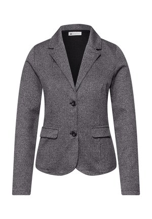 Grauer Blazer mit Fischgrätenmuster für Damen, mit Reverskragen, zwei vorderen Knöpfen und zwei Pattentaschen, taillierte Passform.