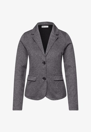 Grauer Blazer mit Fischgrätenmuster für Damen, mit Reverskragen, zwei vorderen Knöpfen und zwei Pattentaschen, taillierte Passform.