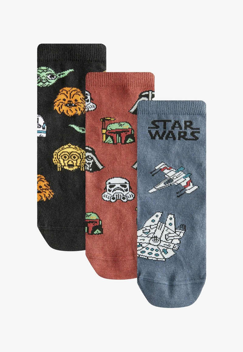 Kolm Star Warsi-teemalisi sokke, millel on tegelaste näod, laevad ja Star Warsi logo musta, roostetava ja sinise värvusega.