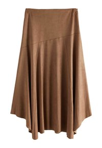 Hnědá midi sukně vyrobená z měkké, strukturované látky, s rozšířeným střihem, vysokým pasem a asymetrickým lemem.