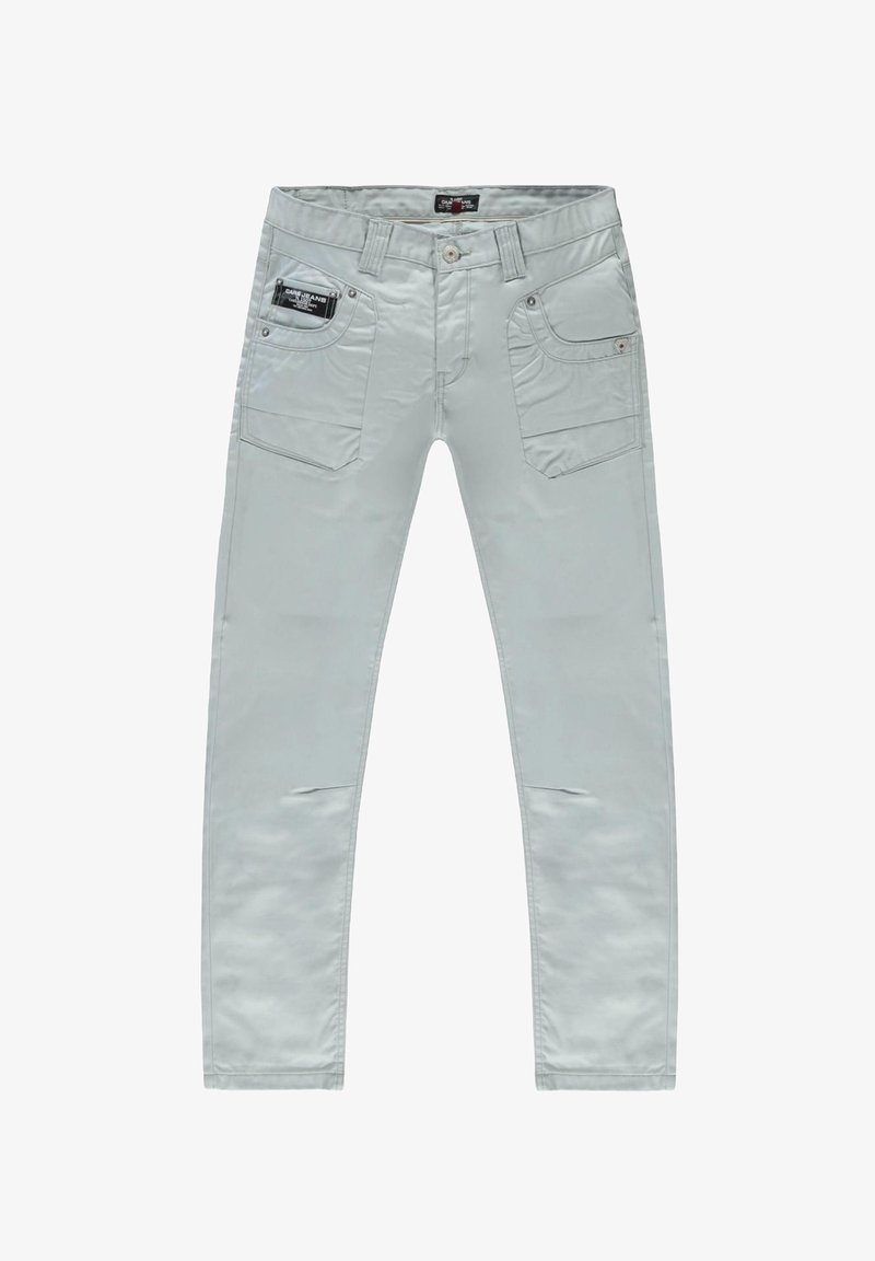 Lichtgrijze slim-fit broek van gladde stof, met twee zijzakken, achterzakken en subtiele stikdetails.