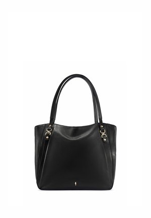 Czarna skórzana torba typu tote z podwójnymi uchwytami, złotym wykończeniem oraz małym złotym ozdobnym emblematem na środku z przodu.