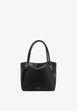 Czarna skórzana torba typu tote z podwójnymi uchwytami, złotym wykończeniem oraz małym złotym ozdobnym emblematem na środku z przodu.