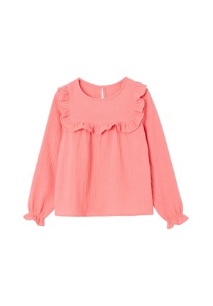 Long-sleeve coral pink blouse with ruffled yoke detail, round neckline, and elasticized cuffs on a plain white background.