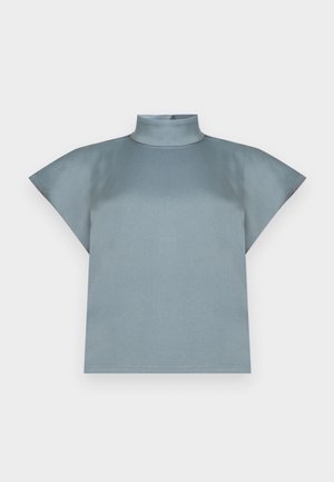Short-sleeve, high-neck, light blue shirt with wide, angular sleeves and a straight hem laid flat on a white background.