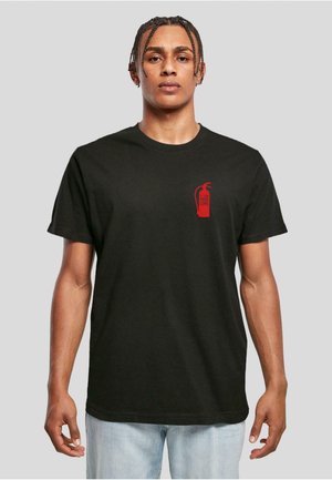 Black cotton t-shirt featuring a red fire extinguisher graphic with text "CRANK PROBLEMS" on the left chest. Short sleeves and round neckline.