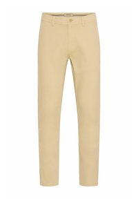 Beige chinos with a slim fit, made of cotton fabric. Features a button and zip closure, front pockets, and a smooth, matte texture.