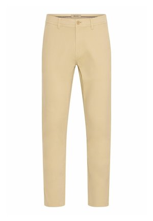 Beige chinos med slim fit, tillverkade av bomullstyg. Har en knapp- och dragkedjestängning, framfickor och en slät, matt yta.